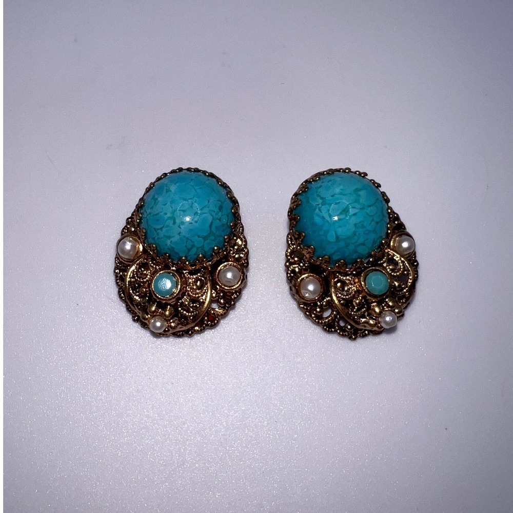 West Germany Turquoise Blue Glass Cab Enamel Clip On Earrings Costume Jewelry